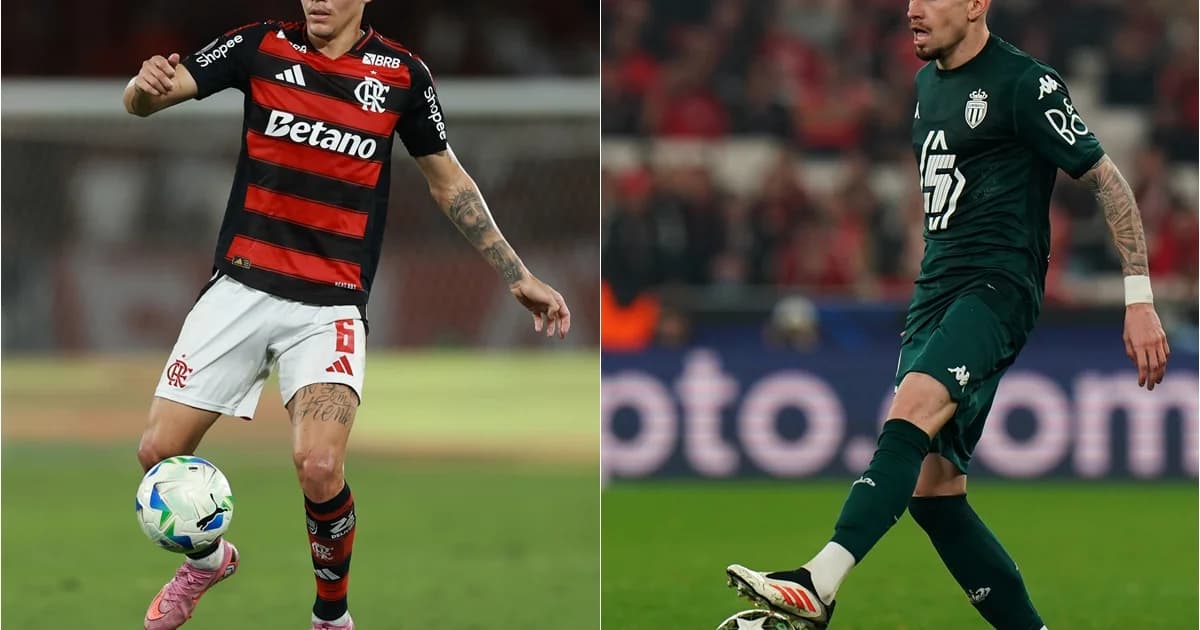 Ilustração editorial de disputa na lateral do campo, lateral-esquerdo em ação, torcida rubro-negra ao fundo e elementos de negociação.
