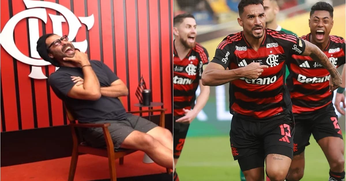 Ilustração editorial: torcedor em Lima com CNH na mão, estádio lotado, bandeiras do Flamengo abstratas, confetes e clima de final.