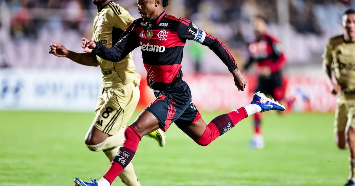 Ilustração editorial do Maracanã ao entardecer: placar 2-0, jogadores em ação, reservas no banco e torcida com cores do Flamengo.