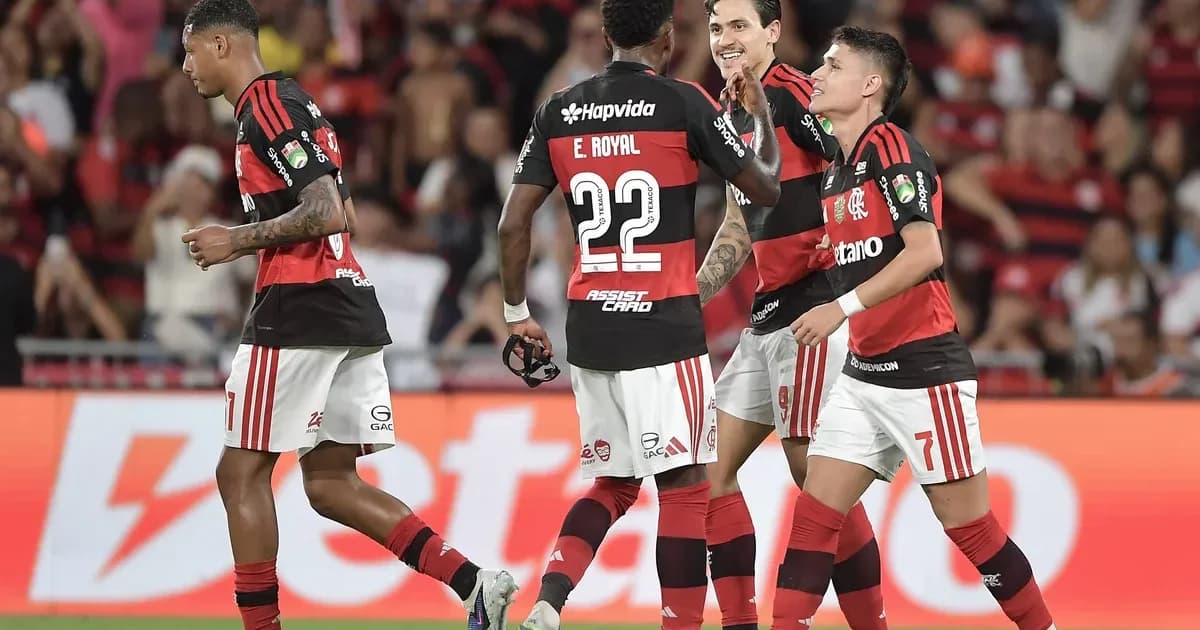 Ilustração editorial do Maracanã com vitória por 3 a 0, torcida, confete e cartões de avaliação dos jogadores (9.7, 8.4).