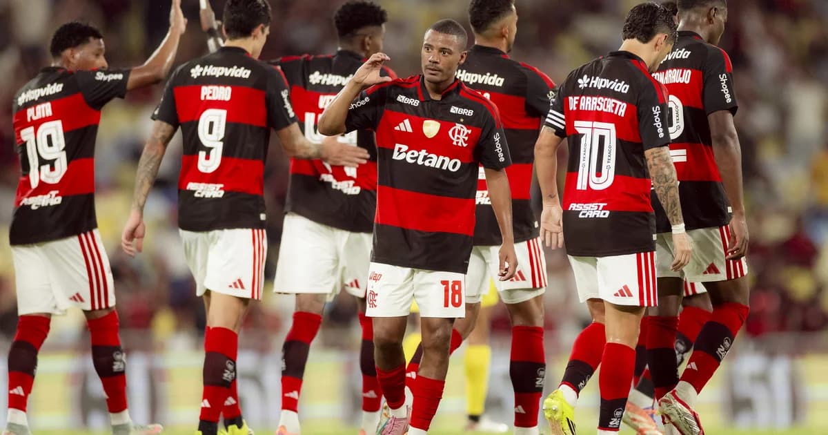 Ilustração editorial: Flamengo vence Madureira 3-0 na semifinal, estádio carioca, gols no 2º tempo e torcida em vermelho e preto