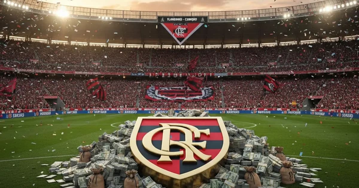 Ilustração editorial do Maracanã com time em vermelho e preto comemorando 3 a 0, torcida, confetes e foco na Recopa.
