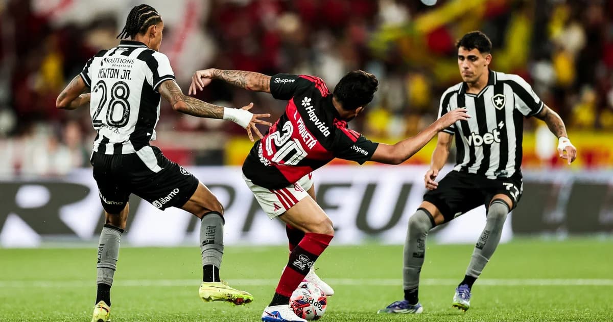 Ilustração de clássico Flamengo x Botafogo em estádio lotado à noite, torcida e transmissão ao vivo pela Amazon Prime Video em tela e celular.