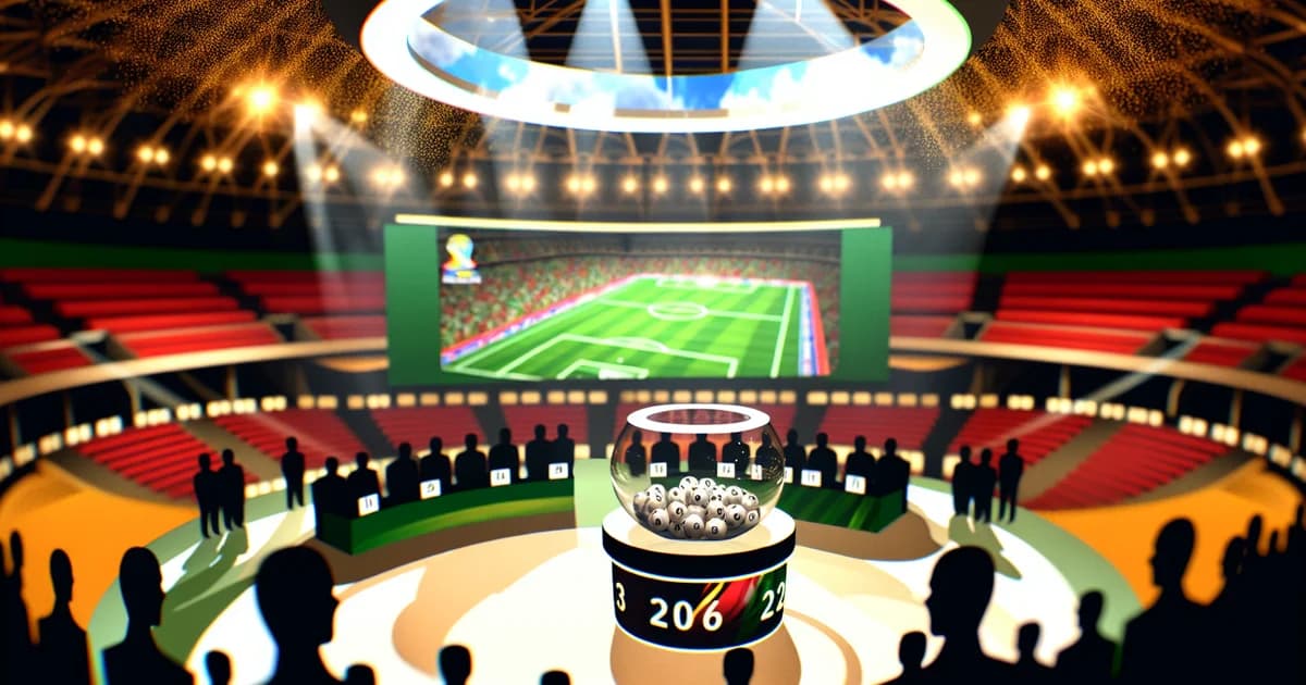 Sorteio Libertadores 2026: urna com bolas, mapa da América do Sul, torcida e destaque ao Flamengo com faixa rubro-negra