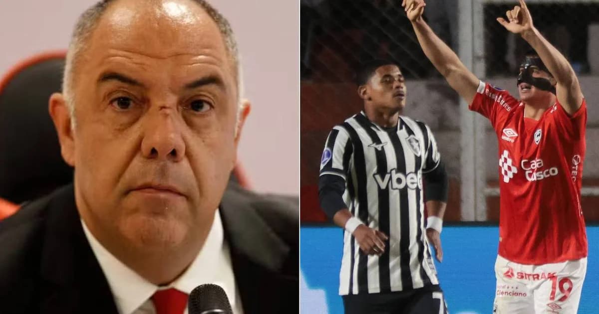 Placar 6 a 1 em Cusco: torcida peruana comemora, smartphone mostra provocação ao Botafogo; estádio ao entardecer.