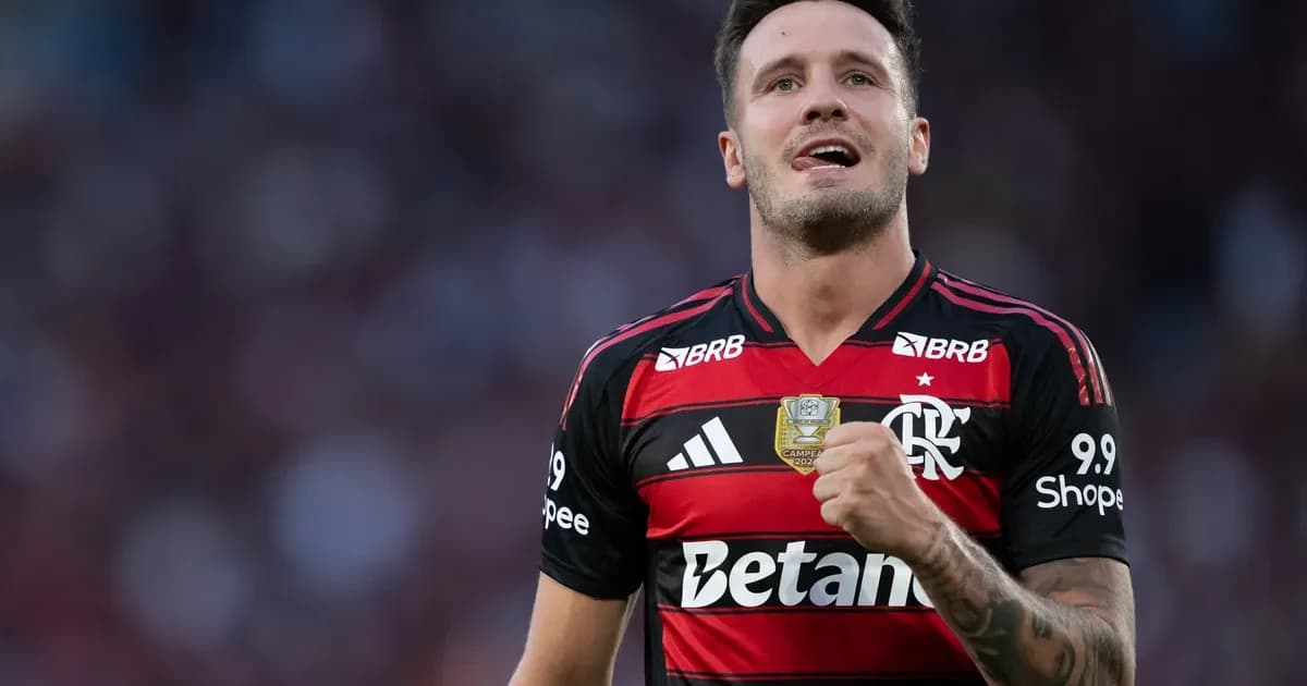 Meia insatisfeito no Flamengo sentado no banco, contrato pesado e pilha de dinheiro ao lado, estádio vazio e clima de incerteza