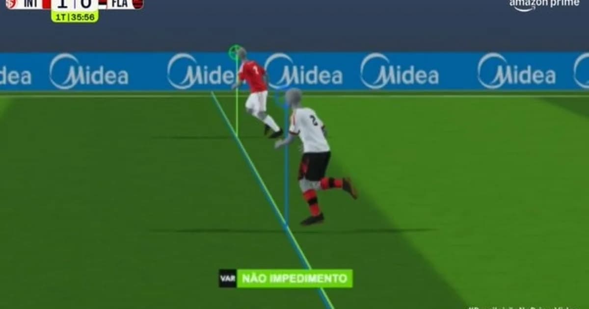 Ilustração de gol validado pela tecnologia de impedimento semiautomático em estádio lotado, torcedores divididos e linhas 3D no campo