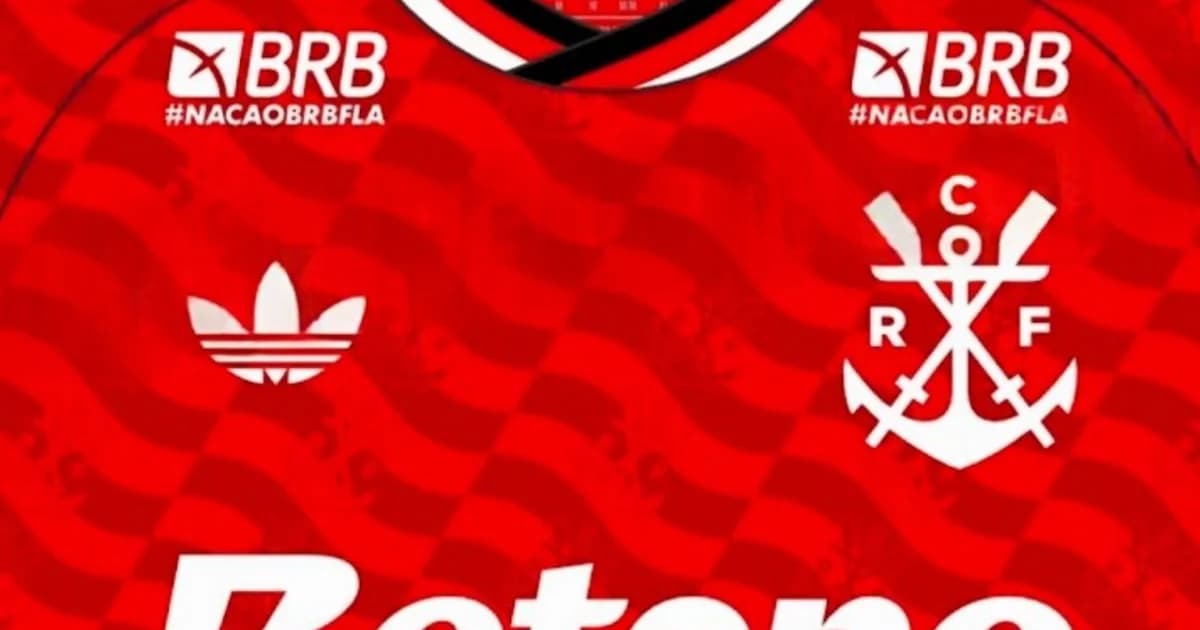 Ilustração editorial da terceira camisa do Flamengo inspirada no remo: vermelha com detalhes preto e branco e padrão ondulado, estádio ao fundo