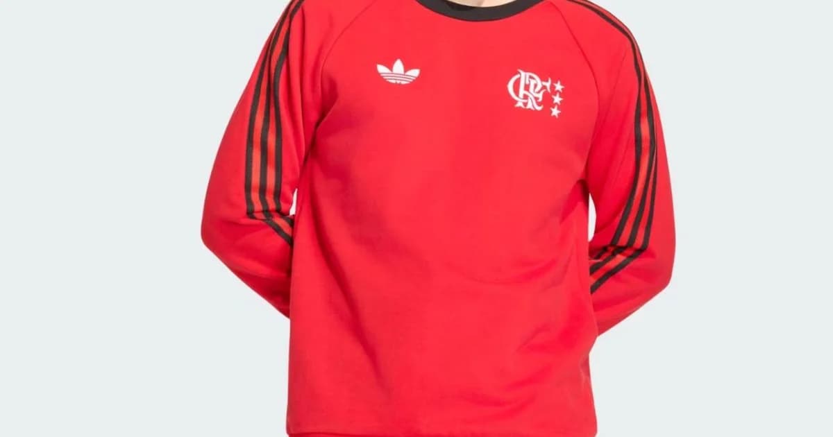 Manequins exibindo coleção premium Adidas Originals inspirada no Flamengo: camisa, moletons, short e jaqueta retrô em vermelho, preto e detalhes dourados
