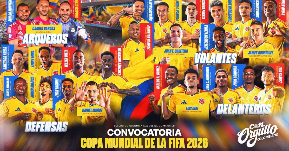 Ilustração editorial do anúncio da convocação de 26 jogadores da Colômbia para a Copa-2026, estádio ao entardecer, bandeiras amarelo-azul-vermelho.