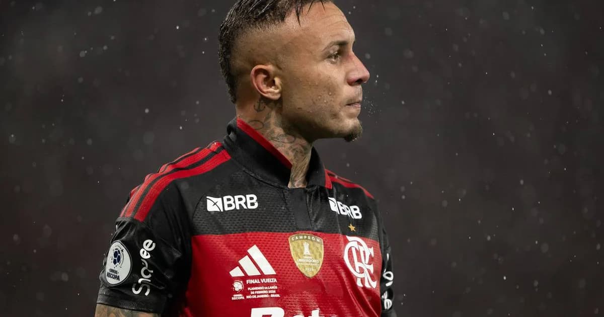 Ilustração editorial de jogador liberado pelo Flamengo saindo do estádio com mala, clima de transferência e urgência da janela de mercado