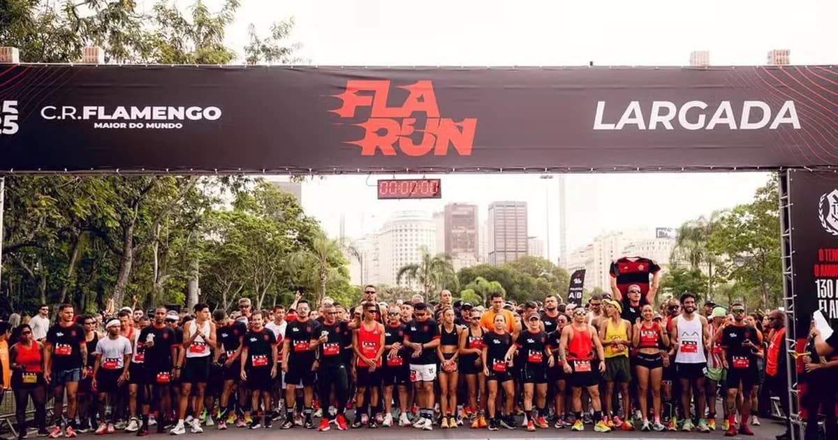 Ilustração da corrida no Aterro: 6.500 corredores em trajes rubro-negros, confete dourado e Pão de Açúcar ao fundo celebrando o tetra.