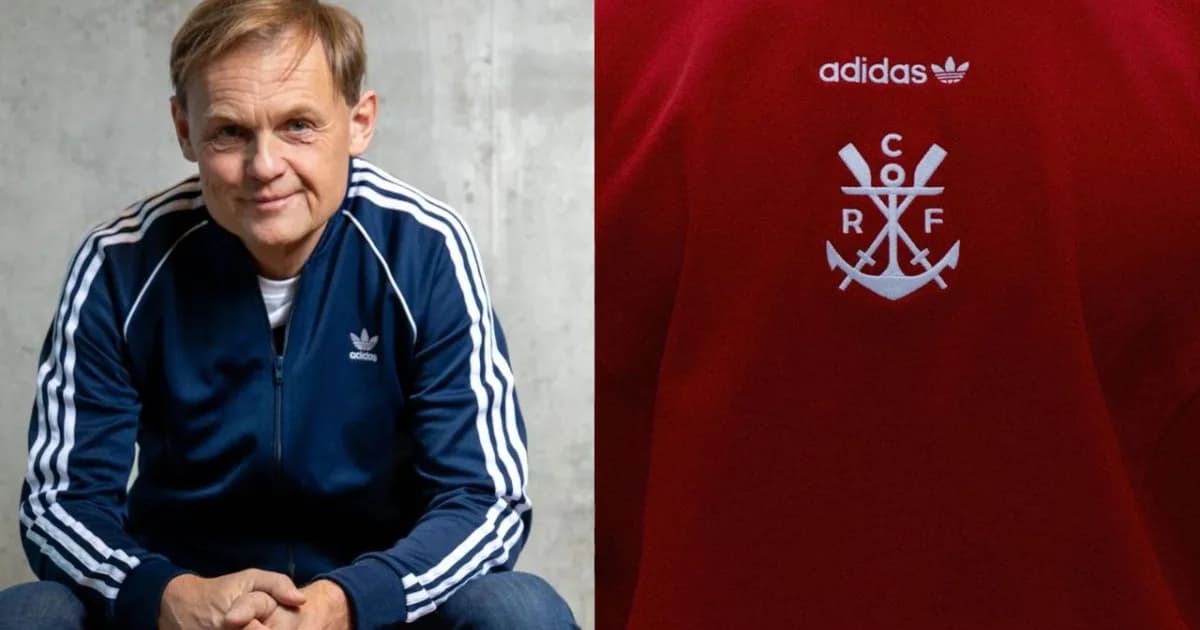 Executivos apertam mãos em estádio lotado; camisa rubro-negra estilizada e manchetes flutuantes simbolizam parceria Flamengo-Adidas.