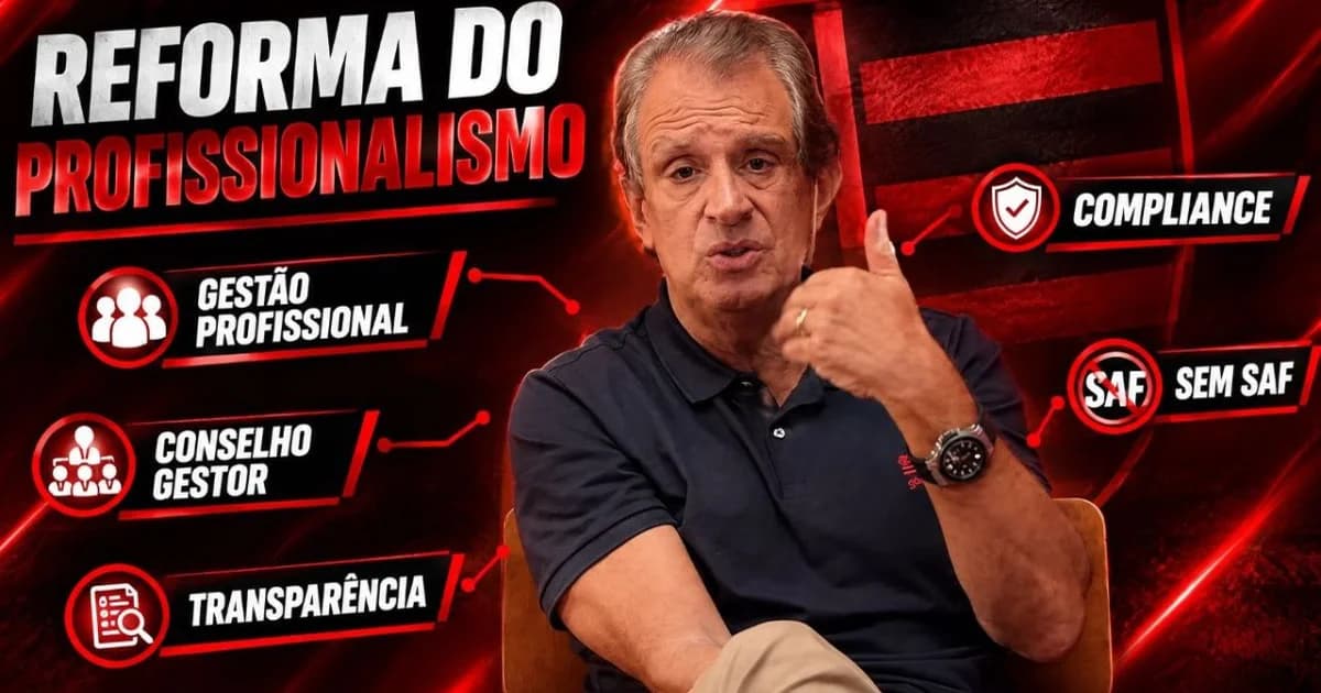 Ilustração editorial do estádio do Flamengo dividido: campo com jogadores anônimos e camarotes com executivos, simbolizando emenda do profissionalismo.