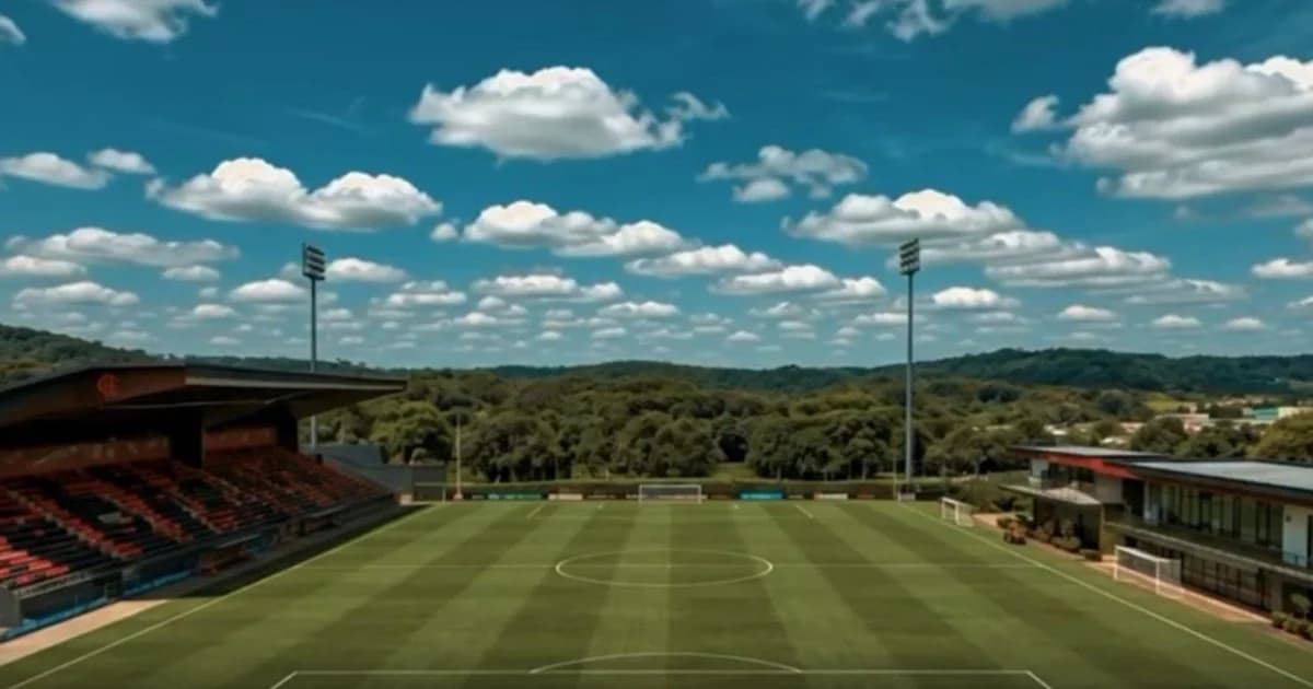 Ilustração editorial: torcida sem rostos em vermelho e preto celebrando campanha pelo miniestádio no Ninho; arquibancadas em construção