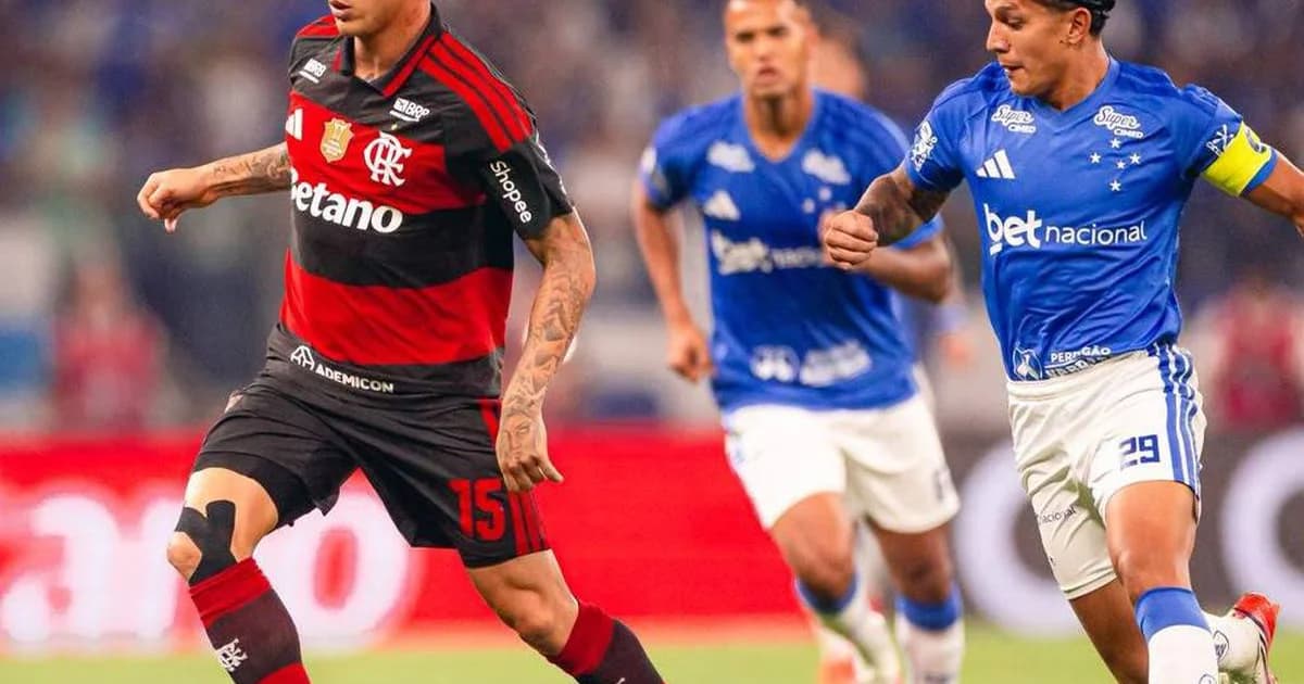 Ilustração editorial no Mineirão: jogador de vermelho e preto cabisbaixo; adversários de azul celebram gol; torcida dividida.