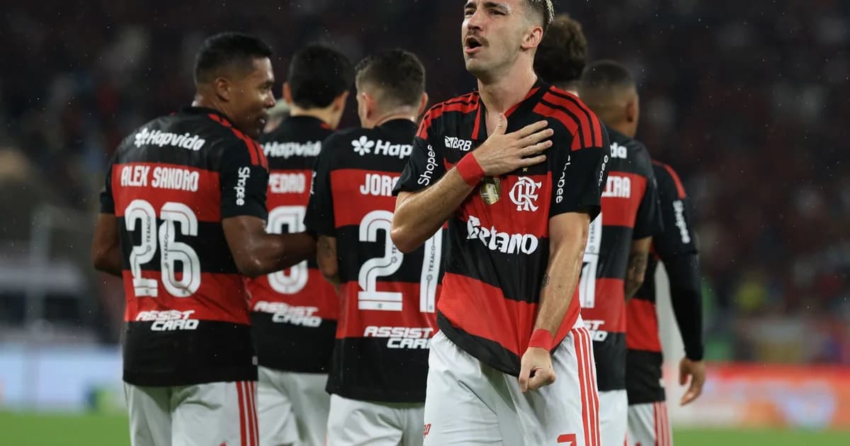Ilustração editorial: sequência decisiva do Flamengo entre Libertadores e Brasileirão, Maracanã lotado e ação em campo.