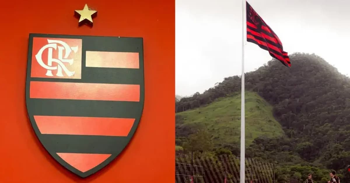 Dois jovens jogadores retornando ao Flamengo no gramado, malas e dirigentes ao fundo, clima de incerteza e negociação.