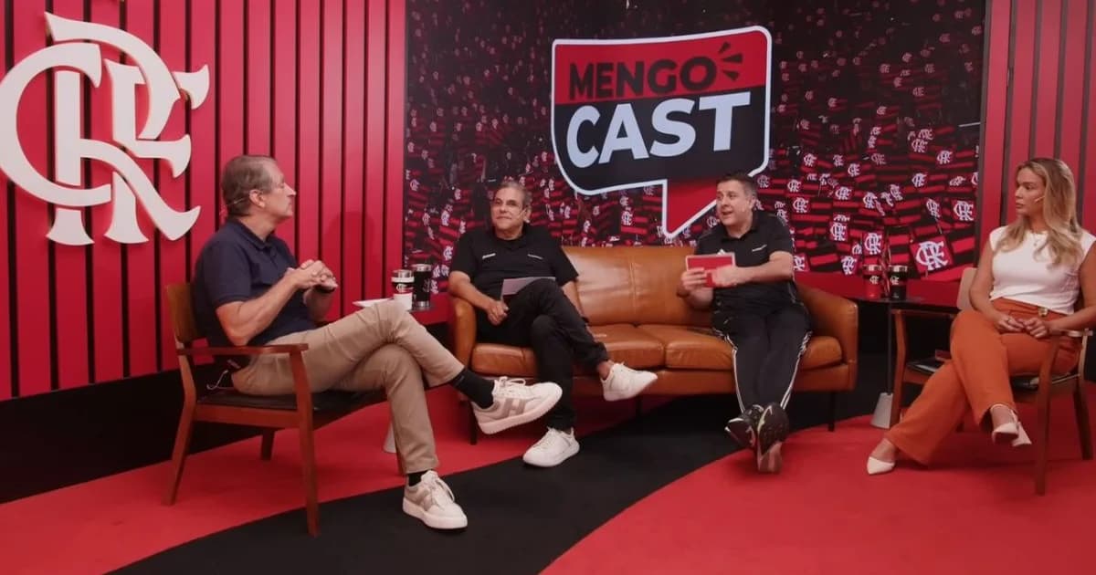 Ilustração editorial de estúdio e estádio em vermelho e preto, representando a Flamengo TV com tela mostrando gráfico de crescimento rumo a 2030.