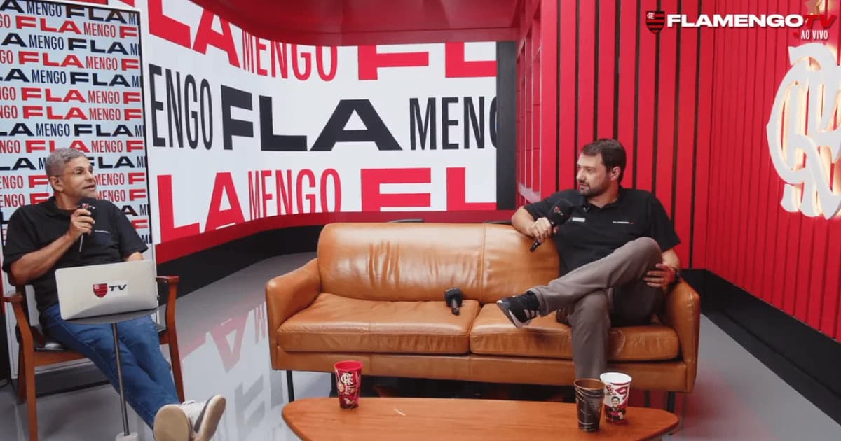 Ilustração de estádio com placar digital e leaderboard de visualizações; destaque em Flamengo TV, torcida com celulares e celebração.