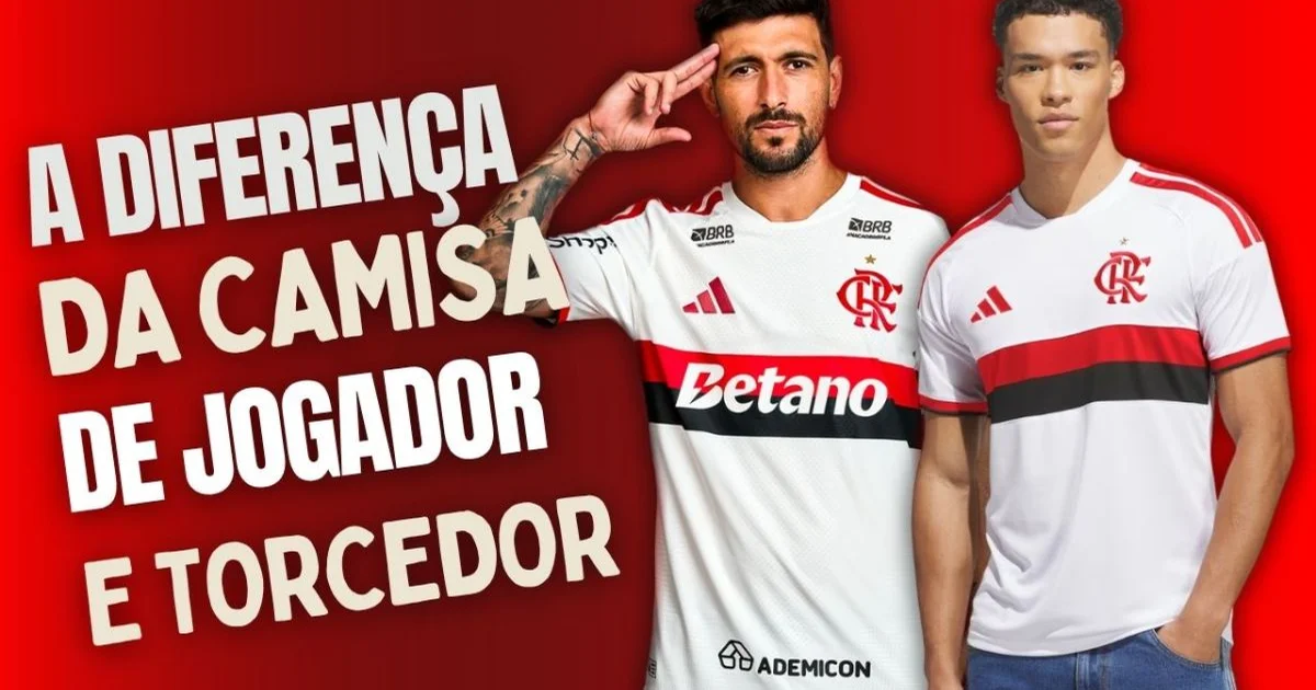 Ilustração editorial da camisa branca do Flamengo 2026 com faixas rubro-negras no peito, torcida e estádio ao fundo