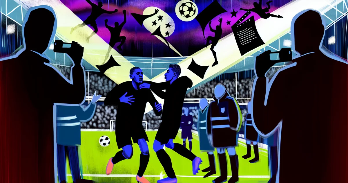 Ilustração editorial: estádio noturno, jogador negro anônimo ofendido, adversário gesticulando, multidão, investigação da UEFA