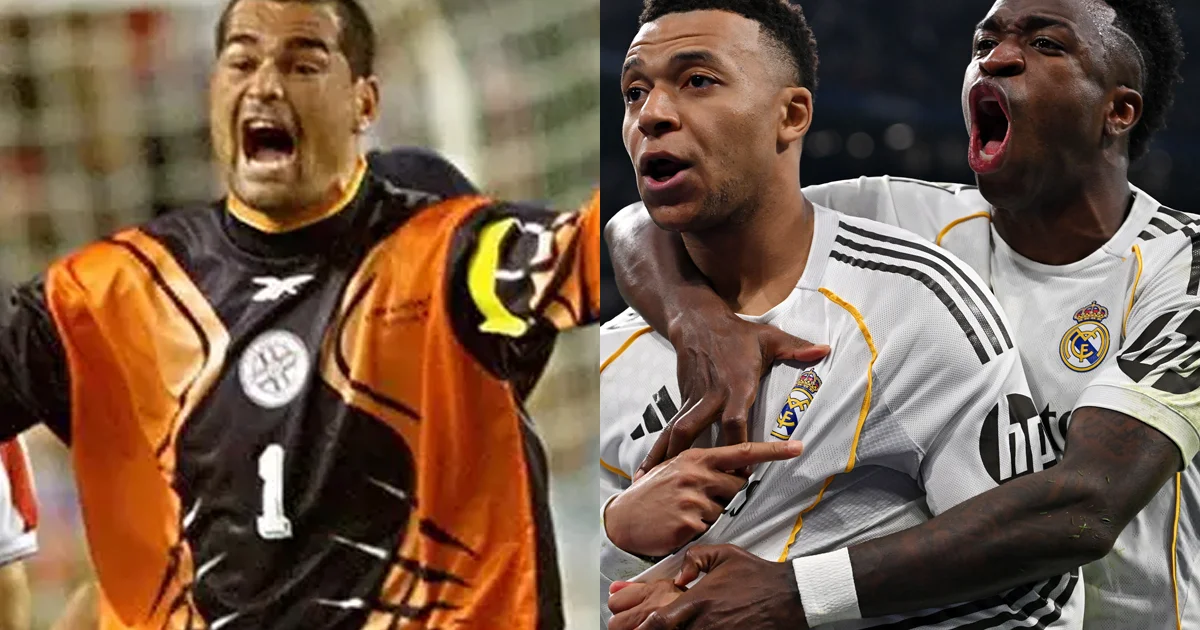 Ilustração editorial: ex-jogador Chilavert criticando, rádio ao lado de estádio dividido com torcedores reagindo a Vini Jr. e Mbappé