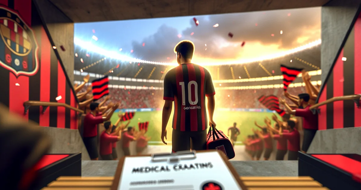 Ilustração editorial de um novo atacante chegando a estádio no Rio, com torcedores rubro-negros ao fundo e clima de expectativa por exames