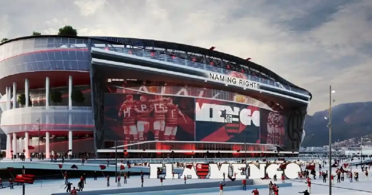 Ilustração de estádio em obras bloqueado por documentos jurídicos, guindastes, calendário de prazos e figuras anônimas, tema: entraves e projeto.