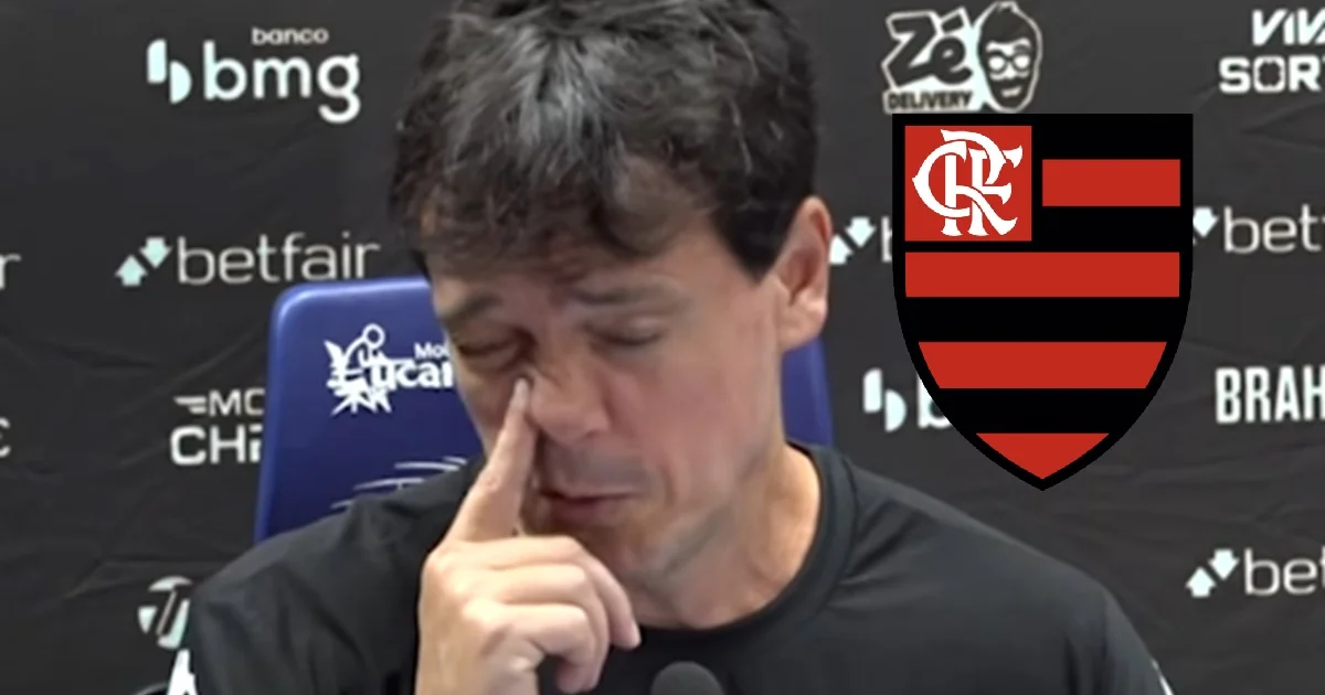 Silhueta de técnico (Fernando Diniz) contemplando estádio do Flamengo, torcida em vermelho e preto, clima tenso e debate
