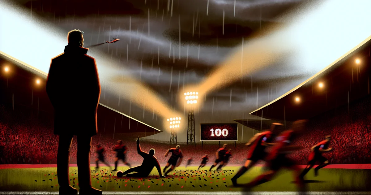 Treinador Filipe Luís no 100º jogo pelo Flamengo: ilustração editorial, estádio tenso, jogadores em ação, cores rubro-negras
