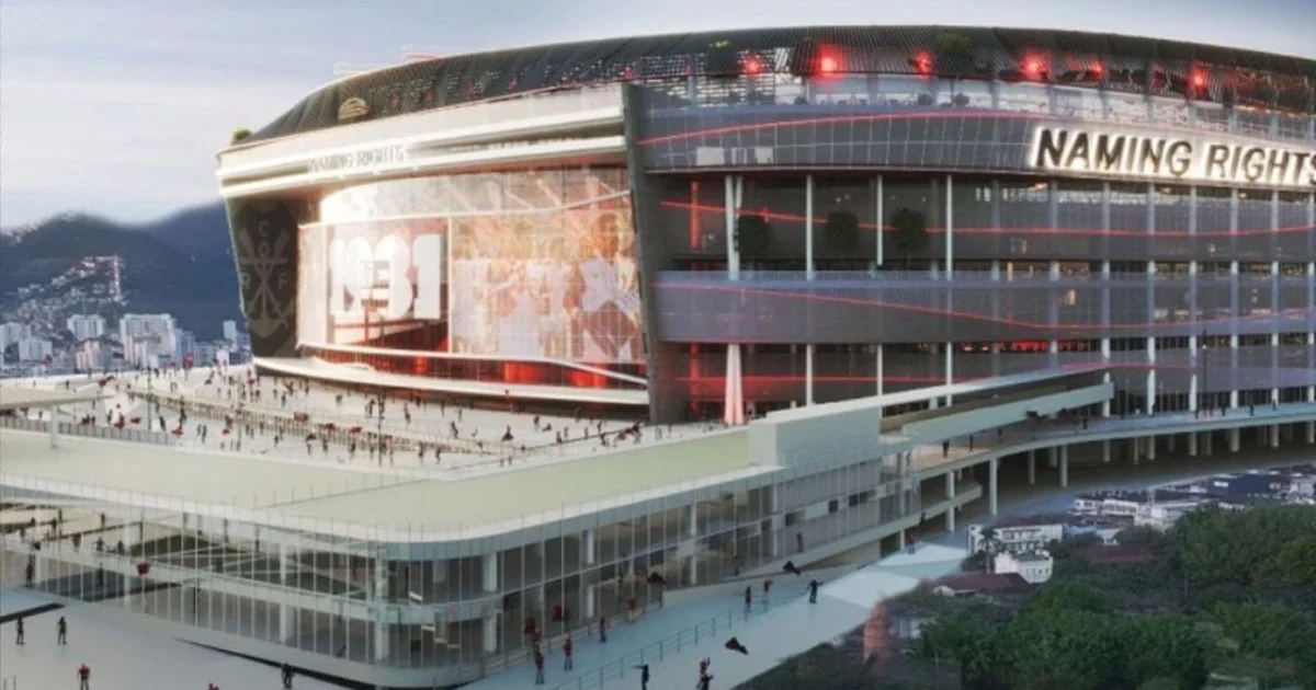 Estádio do Flamengo adiado: maquete com fita de alerta, guindastes parados e gráficos financeiros sobrepostos