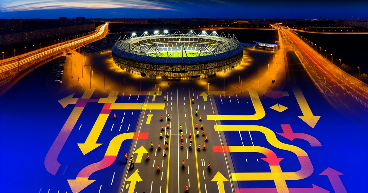 Ilustração editorial do Maracanã ao anoitecer, mostrando interdições, cones, barreiras e torcedores em rotas de pedestres — trânsito afetado.