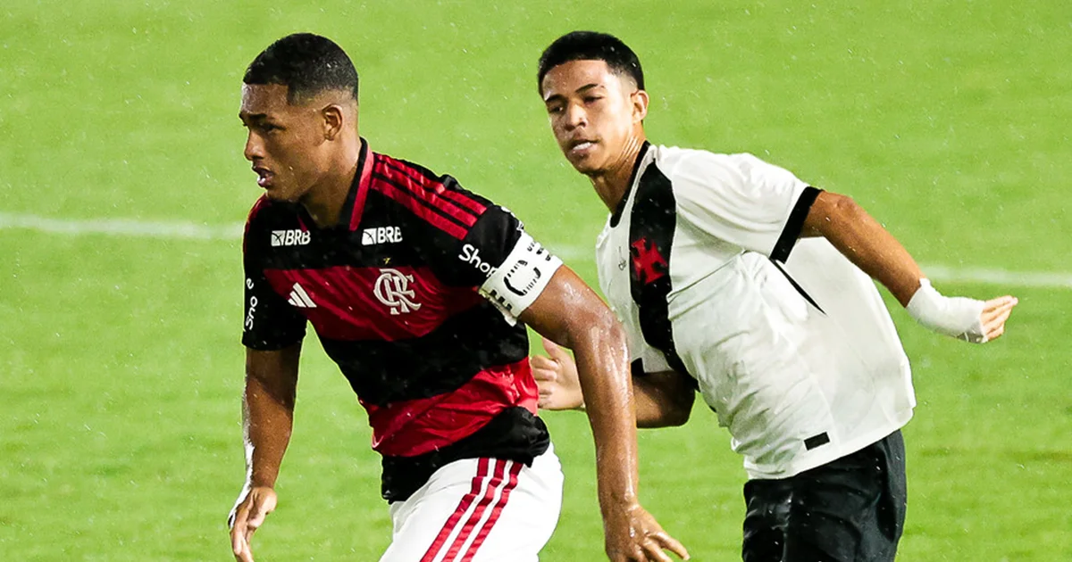 Ilustração editorial: jogo Sub-20 com time rubro-negro sofrendo goleada, expulsões e torcida dividida no estádio, placar 4 a 1.