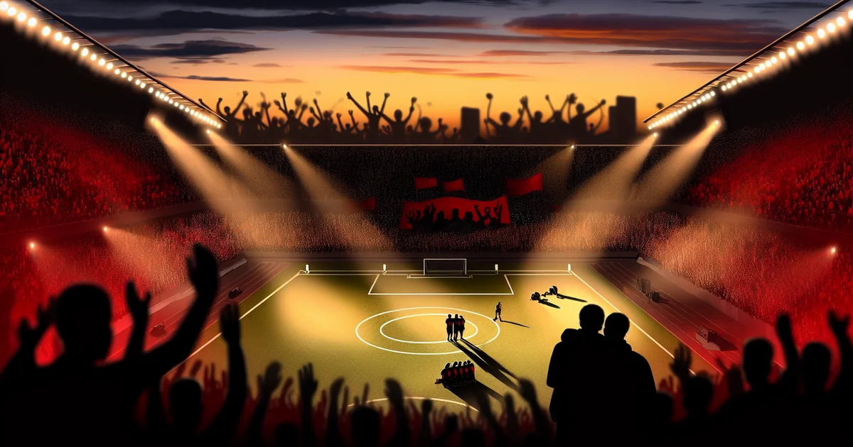 Estádio ao entardecer; jogador sombreado abraçado por companheiros, torcida com faixas de apoio contra racismo, apoio a Vinícius Júnior e Flamengo