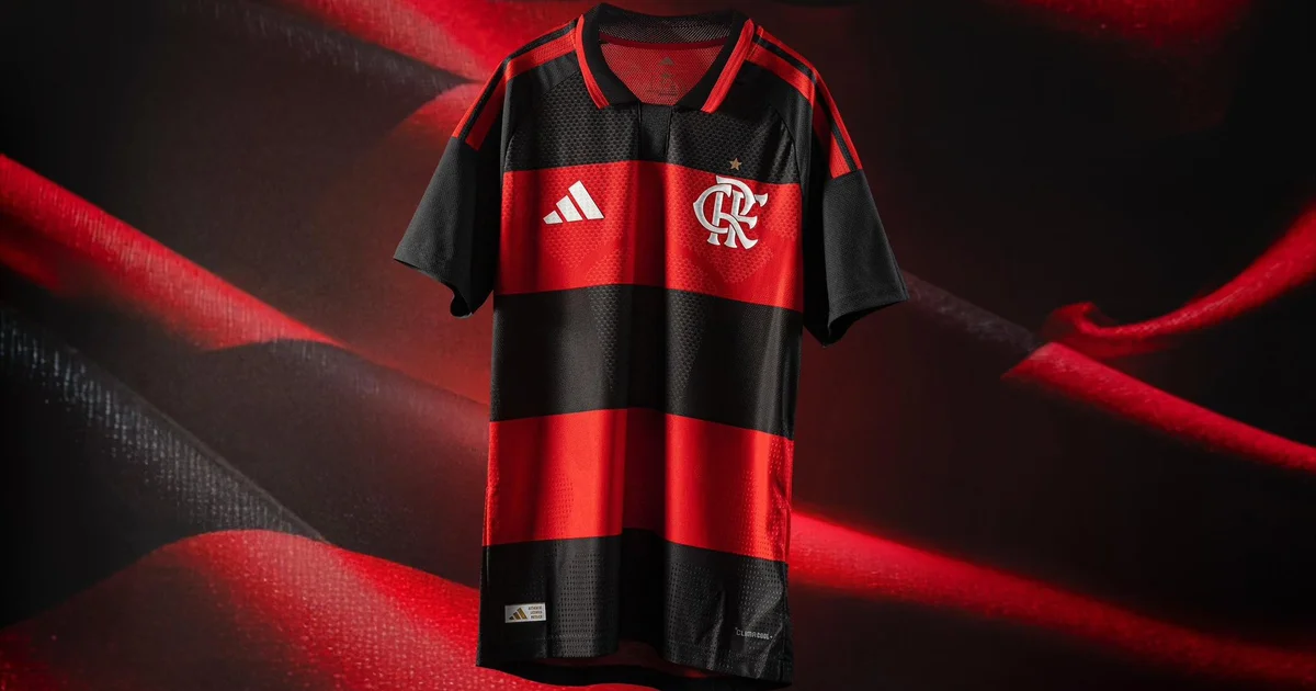 Ilustração editorial do estádio do Flamengo: jogador sem rosto com 11 patrocinadores no uniforme, torcida e placar mostrando R$467,6M