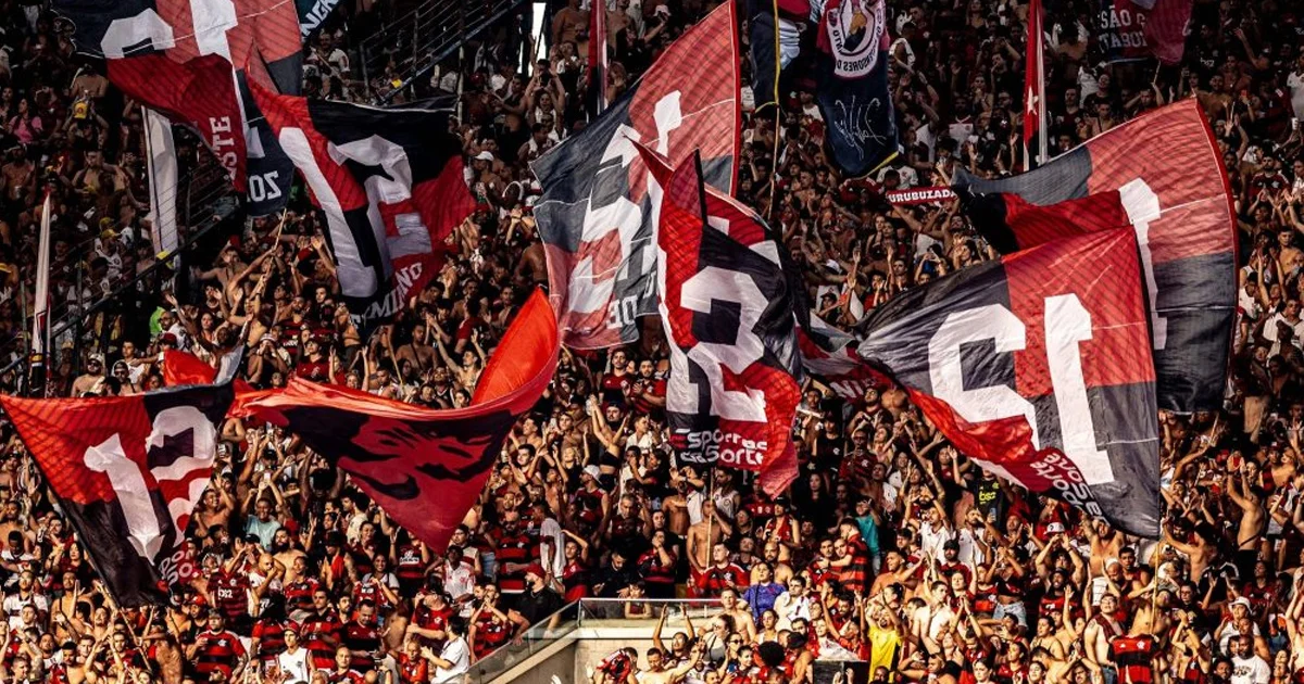 Ilustração editorial do Flamengo no Maracanã: estádio lotado, torcida em vermelho e preto, gráfico de arrecadação mostrando R$24.387.036.