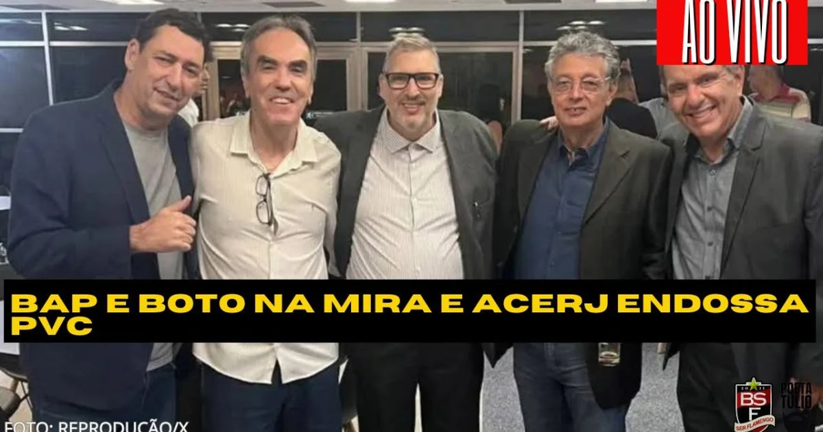 Estádio tenso: dirigentes do Flamengo em silhueta, imprensa com microfones e jornais rasgados, bandeiras vermelho e preto, polêmica ACERJ