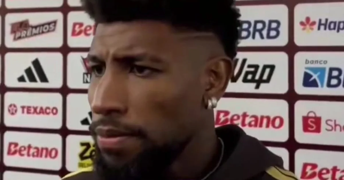 Ilustração editorial de lateral-direito comemorando vitória do Flamengo 2x0 em estádio lotado, cores vermelho e preto