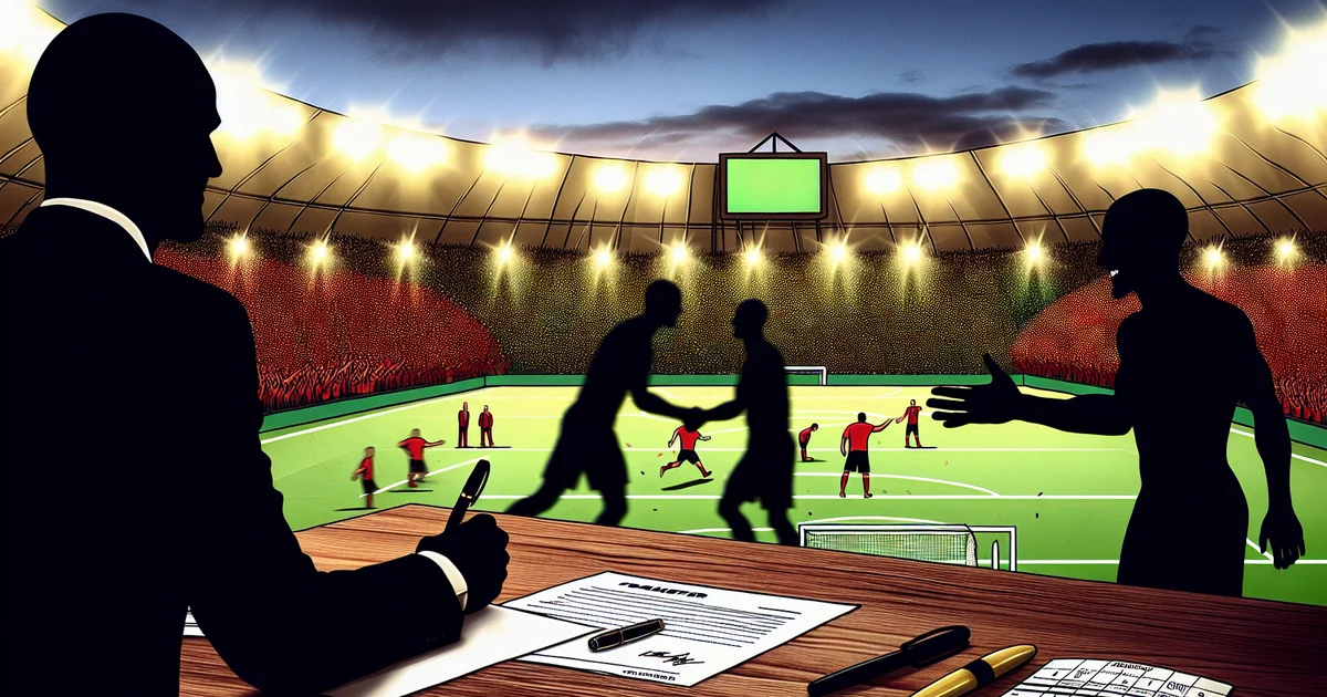 Ilustração editorial: jogador em silhueta assinando contrato em estádio iluminado, torcida rubro-negra ao fundo — Flamengo, empréstimo de Diego Reyes Costilla.