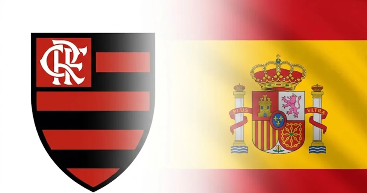 Estádio com torcedores em vermelho e preto, contrato gigante marcado R$ 10 milhões e tribunal esportivo ao fundo, Flamengo e Fifa.