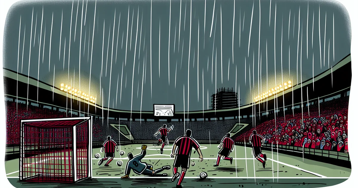 Ilustração editorial do Flamengo em estádio: time rubro-negro sob pressão, jogada perdida, torcida apreensiva sob luzes do estádio.