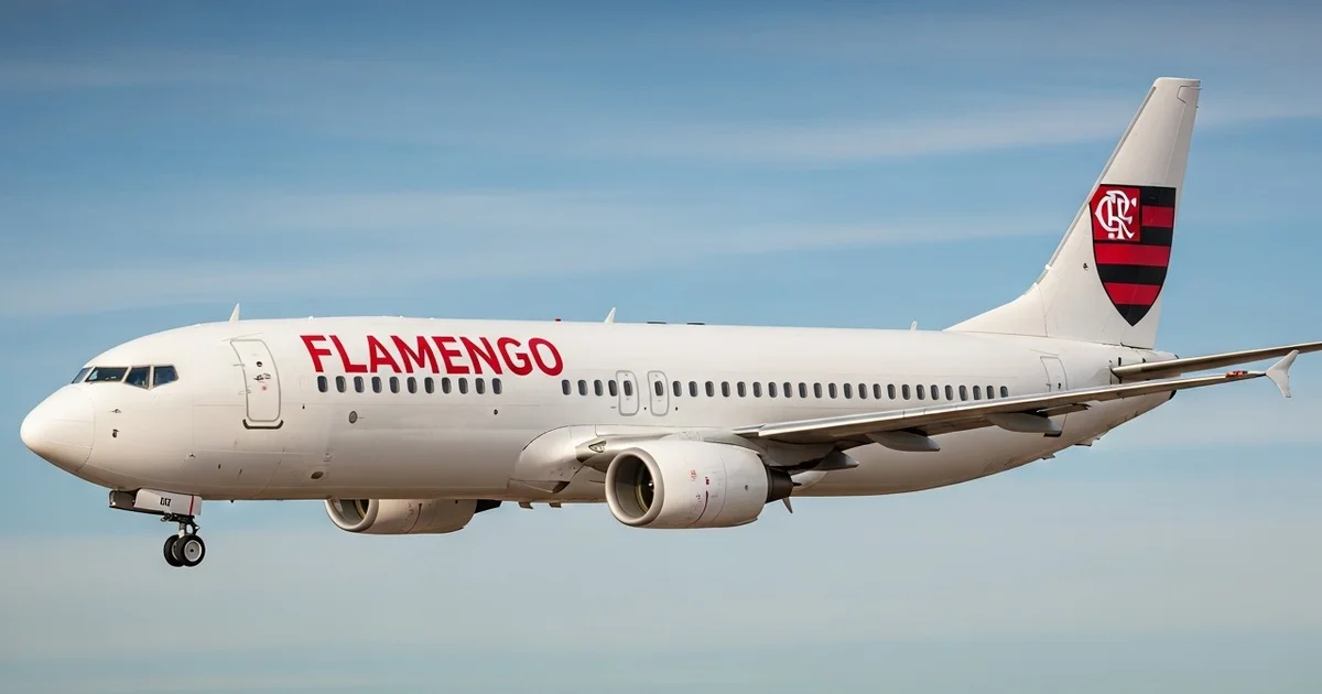 Jato privado com listras vermelhas e pretas, jogadores em silhueta embarcando, estádio iluminado ao fundo — negociação de aeronave do Flamengo.