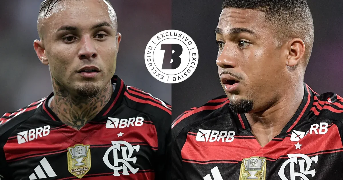 Ilustração editorial do Maracanã com dois atacantes disputando vaga no Flamengo, torcida vaiando e clima de pressão pela titularidade.