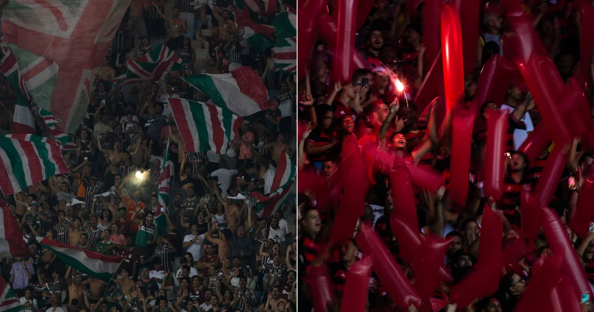 Ilustração editorial do Maracanã com torcedores em vermelho e verde olhando painel que anuncia mudança de horário do clássico.