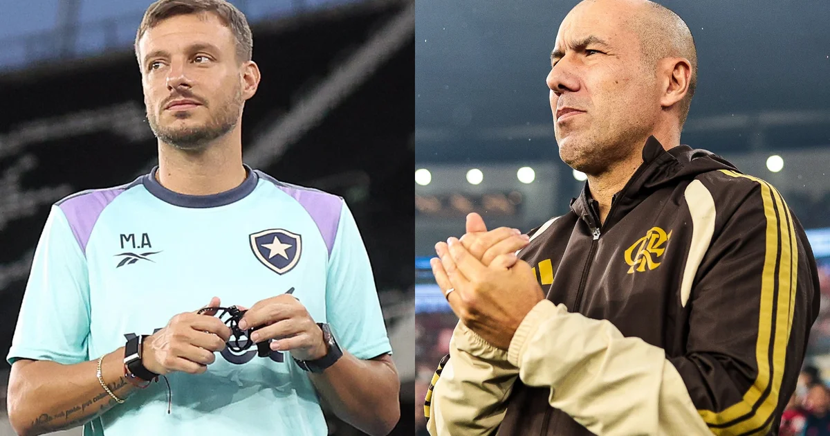 Ilustração editorial do clássico Flamengo x Botafogo no Estádio Nilton Santos: jogo tenso, torcida dividida e cores vermelho-preto e preto-branco.