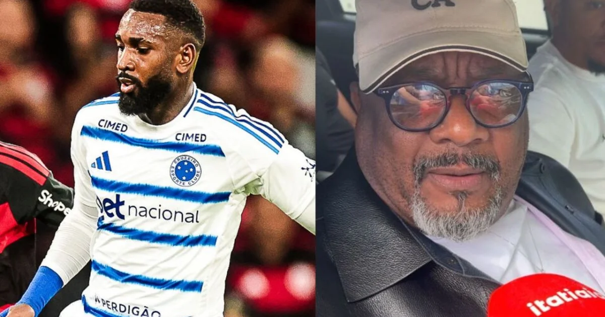 Notificação do Flamengo: envelope de cobrança em hotel, contratos espalhados e estádio iluminado ao fundo; direitos de imagem em disputa.