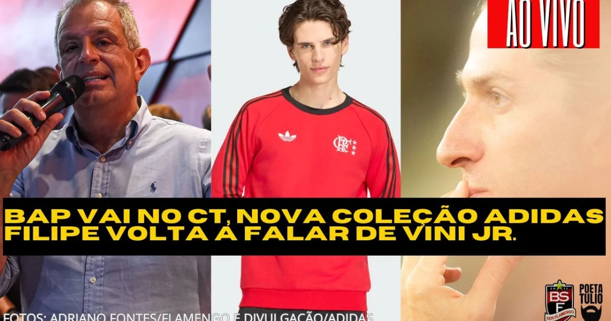 Ilustração editorial: estádio com jogadores anônimos e técnico cobrando, referência a racismo e manequins com nova coleção de uniformes do Flamengo.