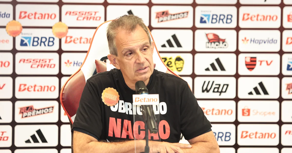 Ilustração editorial: presidente do Flamengo em painel na CBC Expo, painel com gráficos de reforma tributária e estádio ao fundo