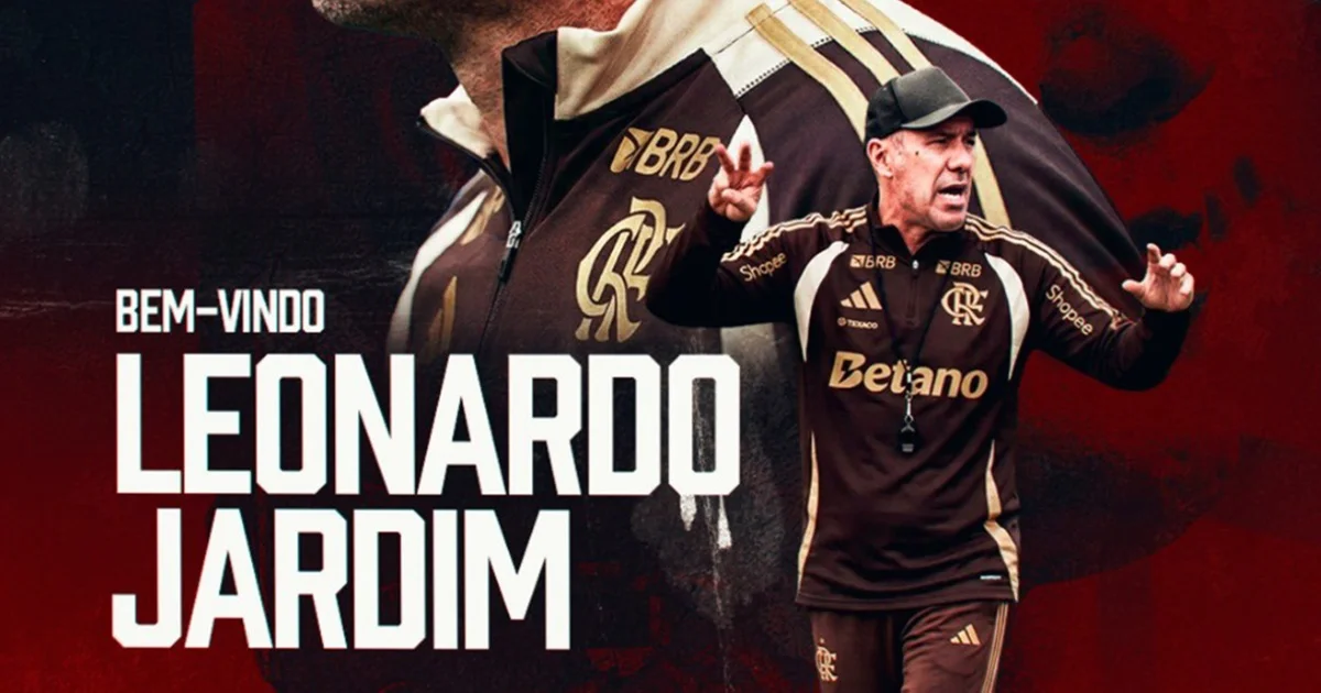 Ilustração editorial: novo treinador do Flamengo chegando ao CT, jogadores treinando ao fundo, tons vermelho e preto.